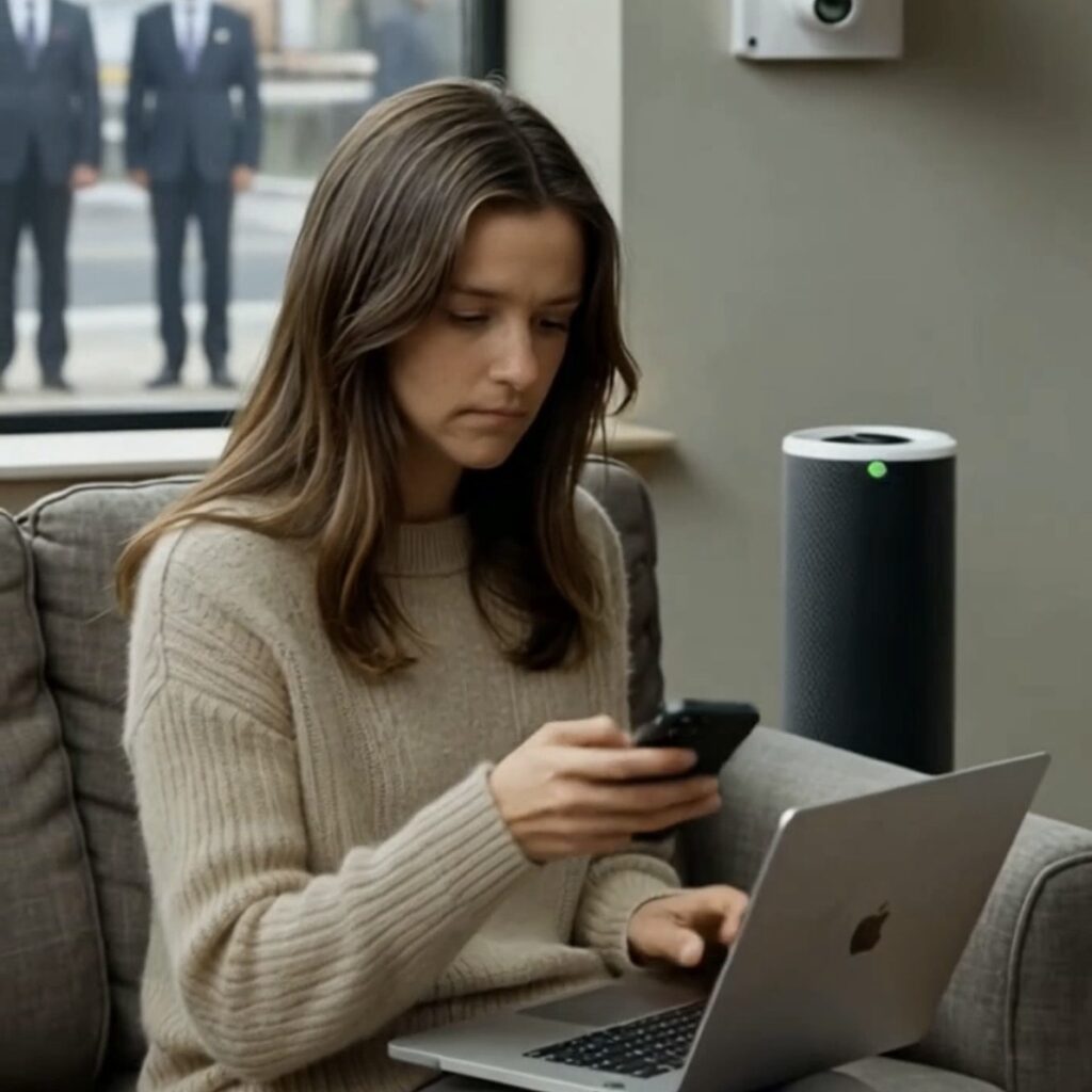 Woman scrolling her phone on a couch unaware of a security camera and smart speaker behind her while suited figures watch through the window — political satire on digital surveillance by The Canada Refreshing Agency.