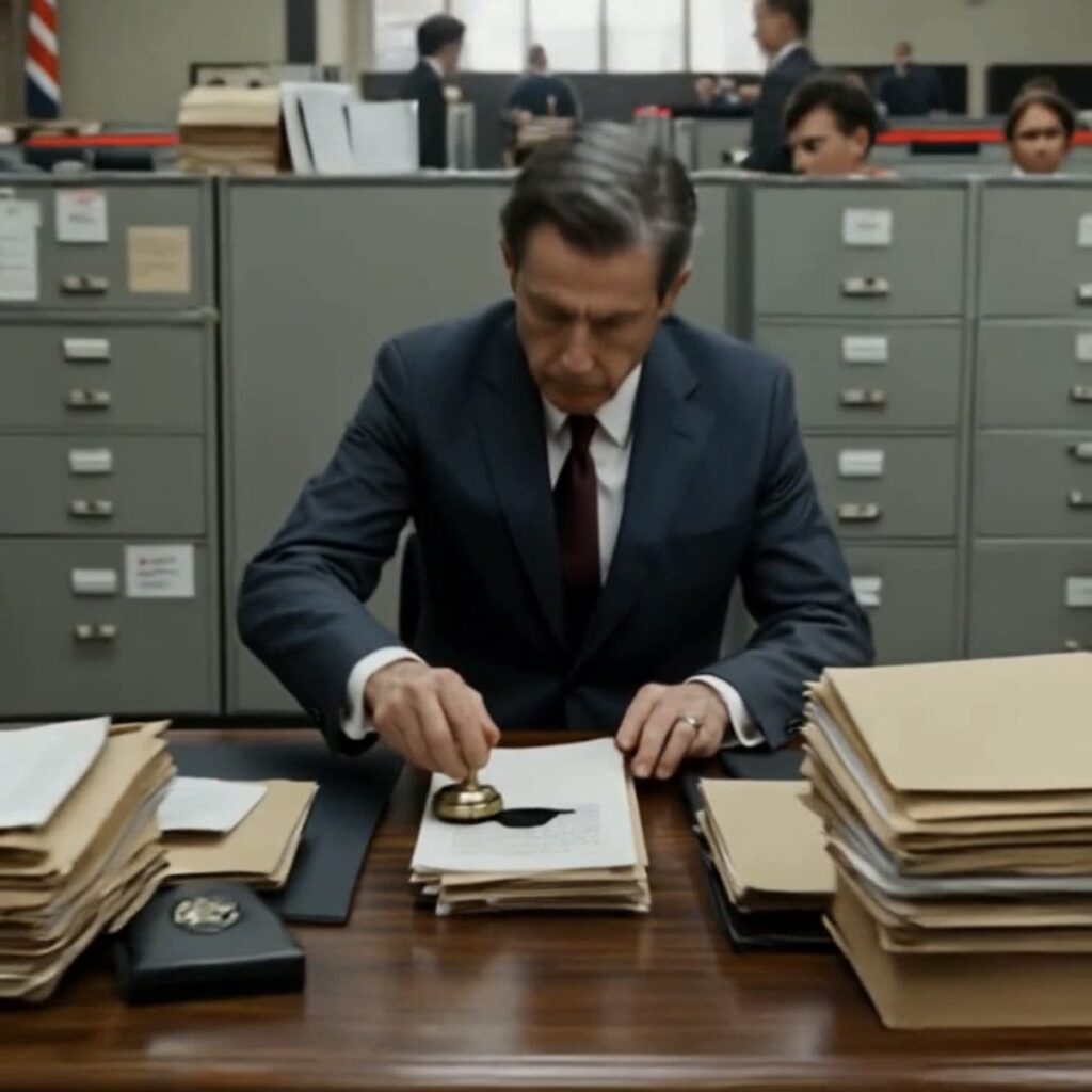Bureaucrat in a navy suit stamping documents at a desk surrounded by filing cabinets and stacked folders in a government office — political satire on transparency by The Canada Refreshing Agency.