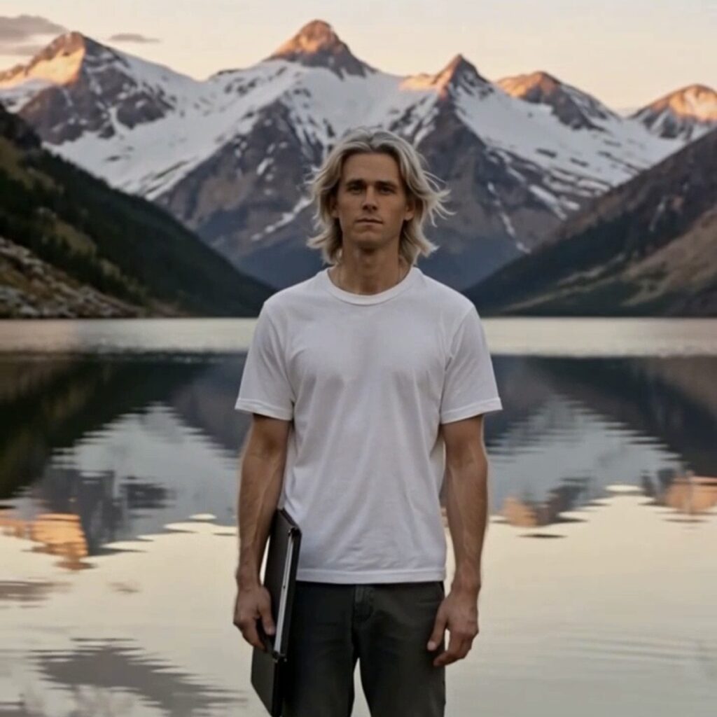 A man standing at the edge of a still mountain lake at golden hour, holding a closed folder at his side, snow-capped peaks reflected in the water — The Canada Refreshing Agency Filing #005 The Craftsman, wealth and abundance mindset content